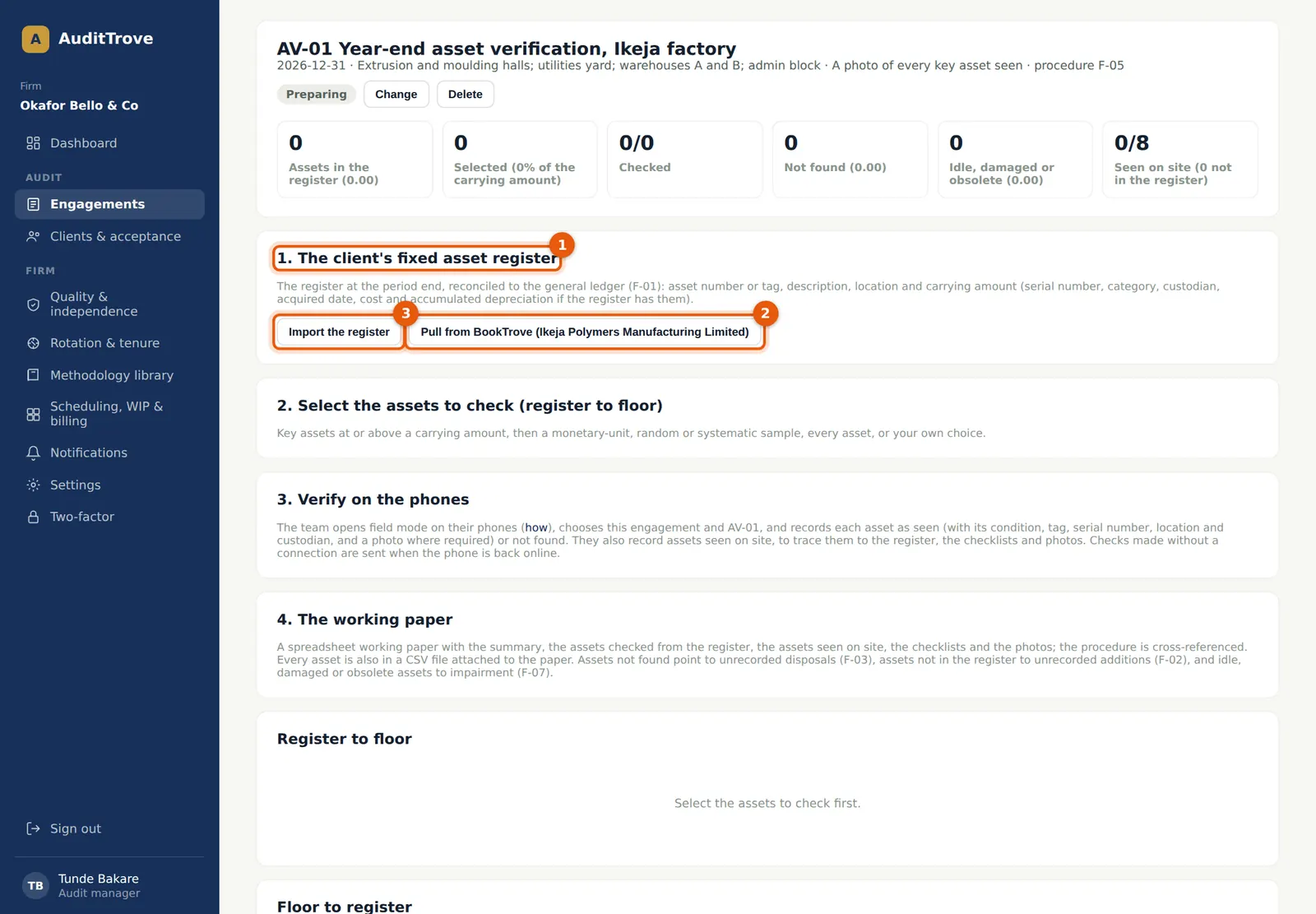 AuditTrove screenshot: AV-01 created: the register step (1), Pull from BookTrove (2) and Import the register (3). Numbered orange markers point to the items described in the steps.