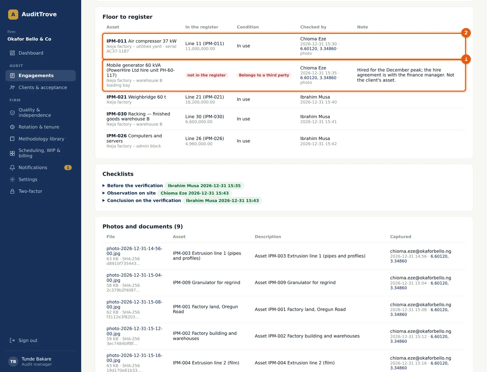 AuditTrove screenshot: The hired generator, not in the register (1), and the compressor traced to line 11 (2). Numbered orange markers point to the items described in the steps.