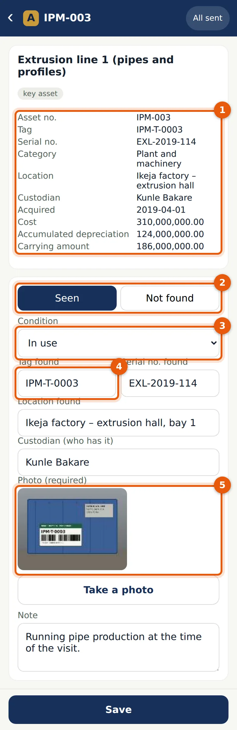 AuditTrove screenshot: IPM-003 extrusion line 1: the register (1), Seen (2), the condition (3), the tag found (4) and the photo (5). Numbered orange markers point to the items described in the steps.