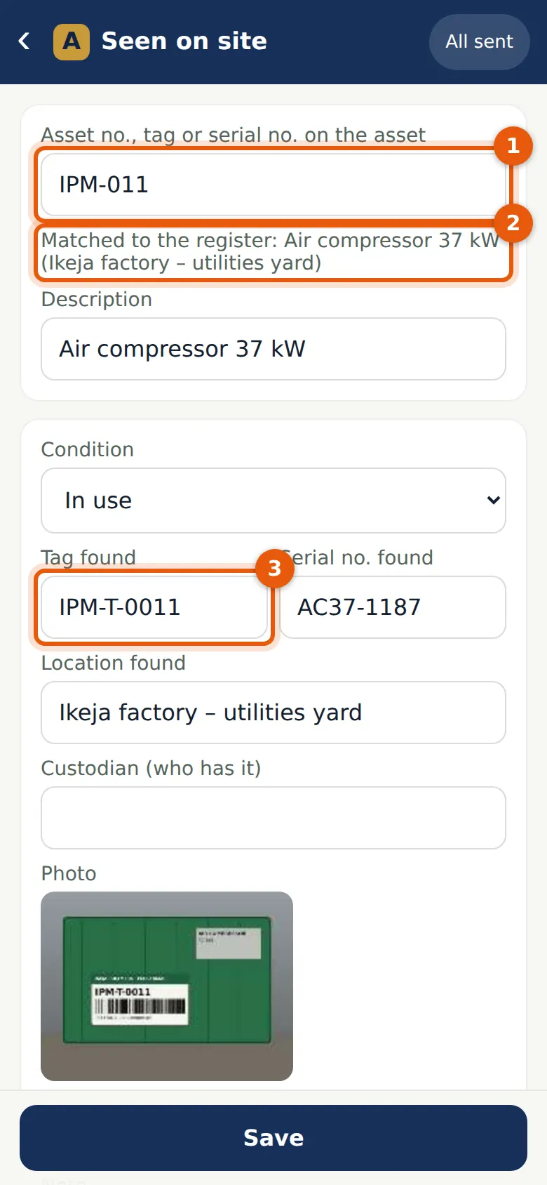 AuditTrove screenshot: Seen on site: the asset number on the asset (1), the register's entry (2) and the tag found (3). Numbered orange markers point to the items described in the steps.