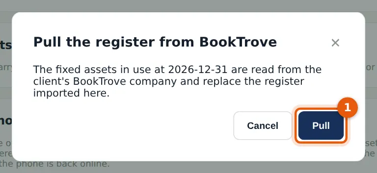 AuditTrove screenshot: Pull the register from BookTrove: the date (the period end) and Pull (1). Numbered orange markers point to the items described in the steps.