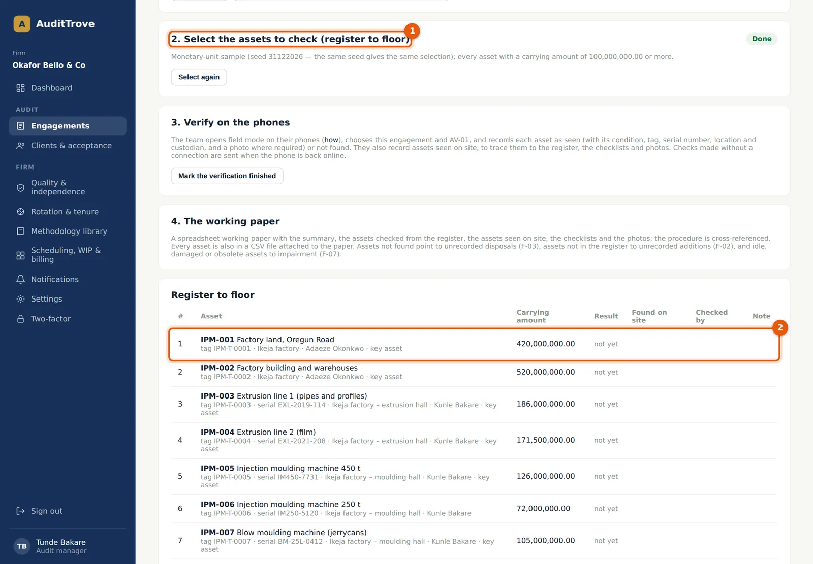 AuditTrove screenshot: The selection (1) and a key asset (2) in Register to floor. Numbered orange markers point to the items described in the steps.