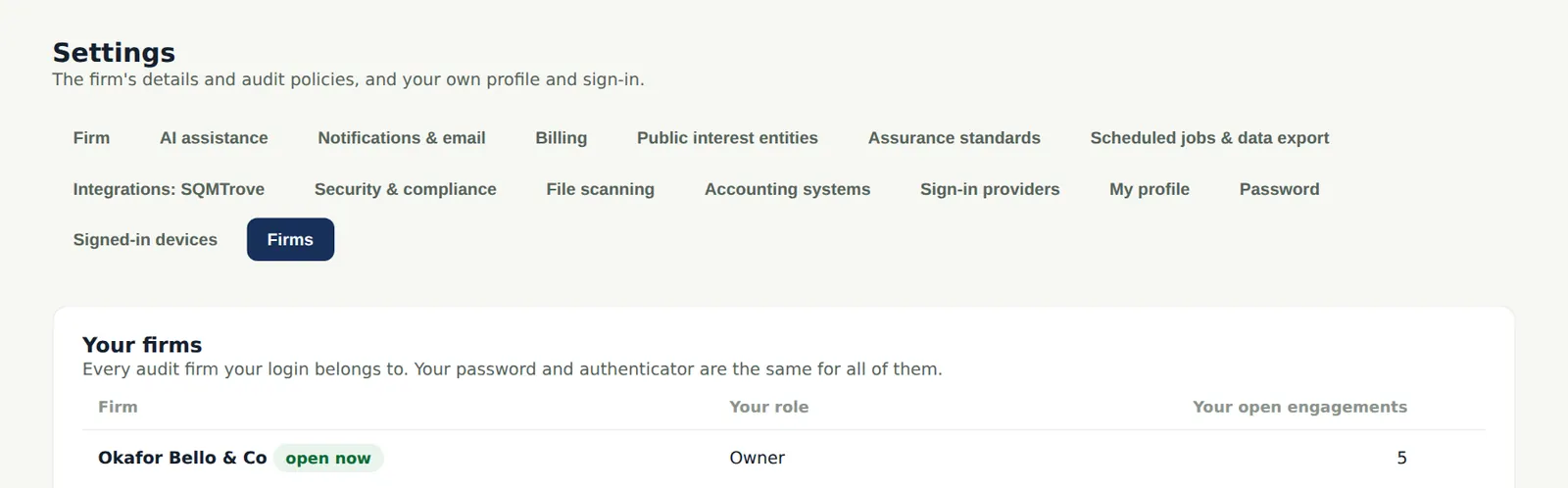 AuditTrove screenshot: Settings → Firms: the firms your login belongs to. Numbered orange markers point to the items described in the steps.