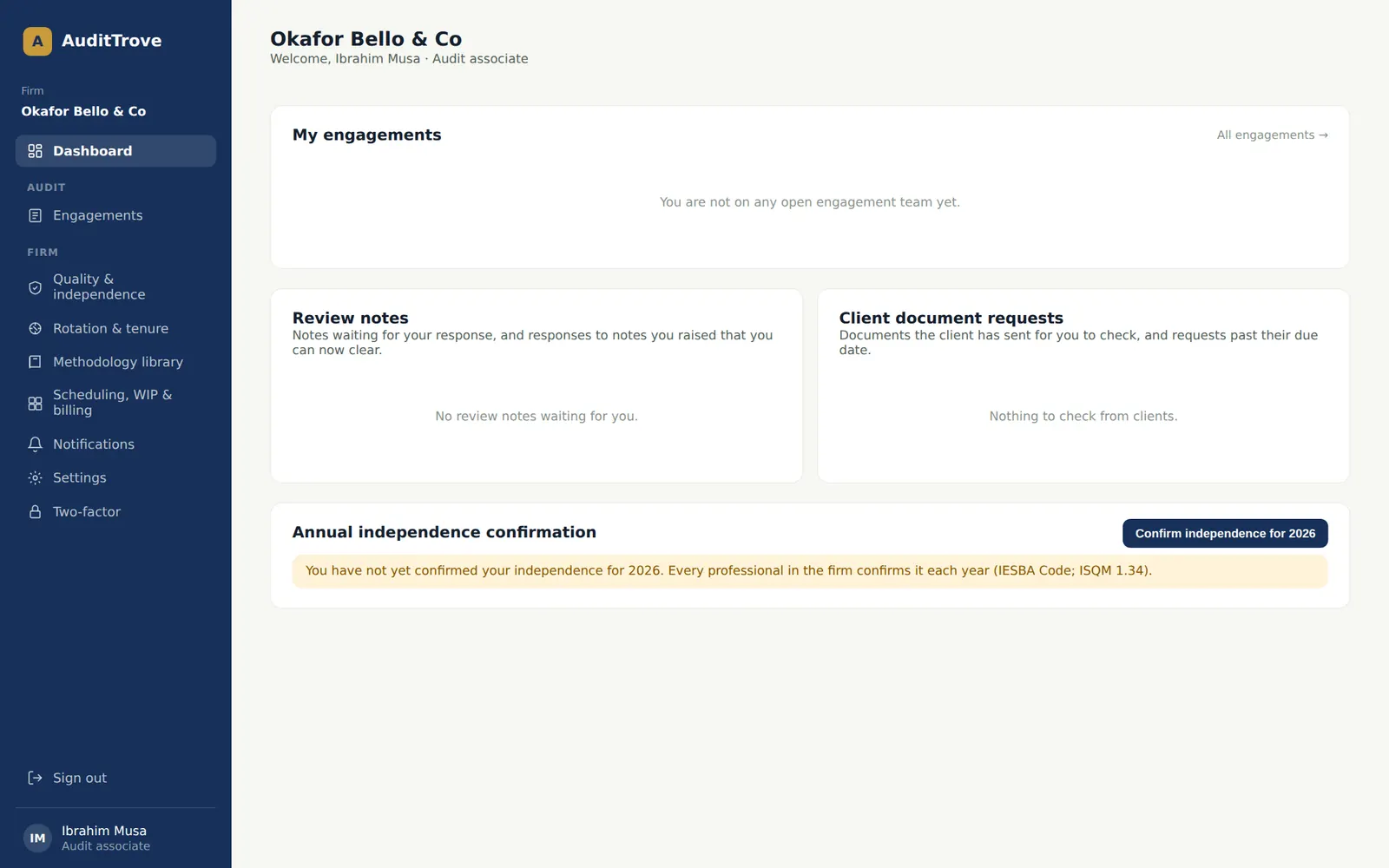 AuditTrove screenshot: A staff member's dashboard after the first sign-in. Numbered orange markers point to the items described in the steps.