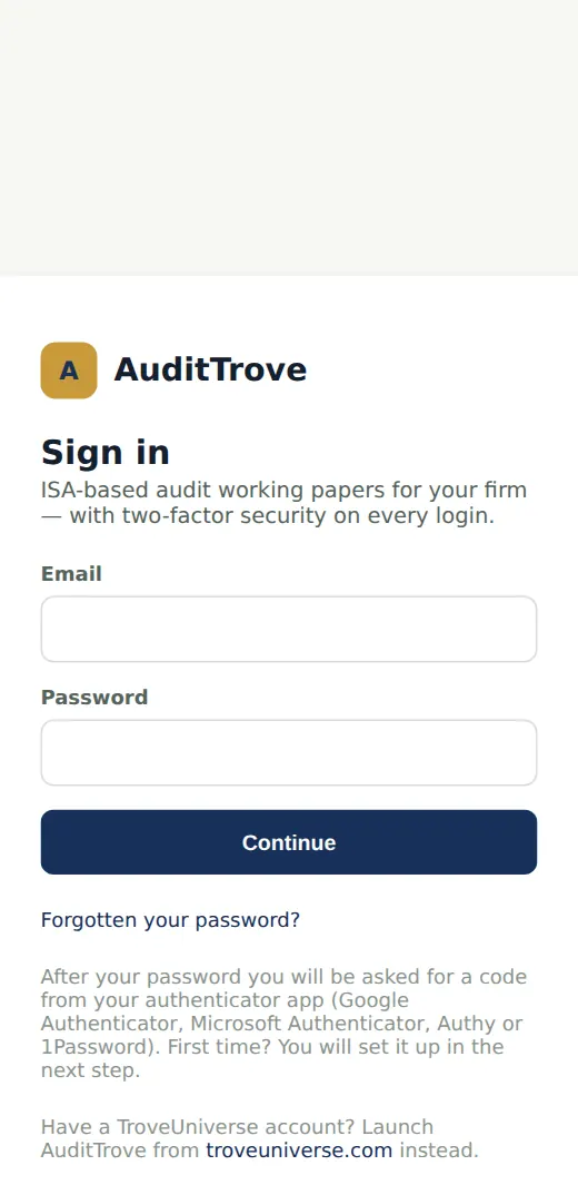 AuditTrove screenshot: Sign in with your email and password. Numbered orange markers point to the items described in the steps.