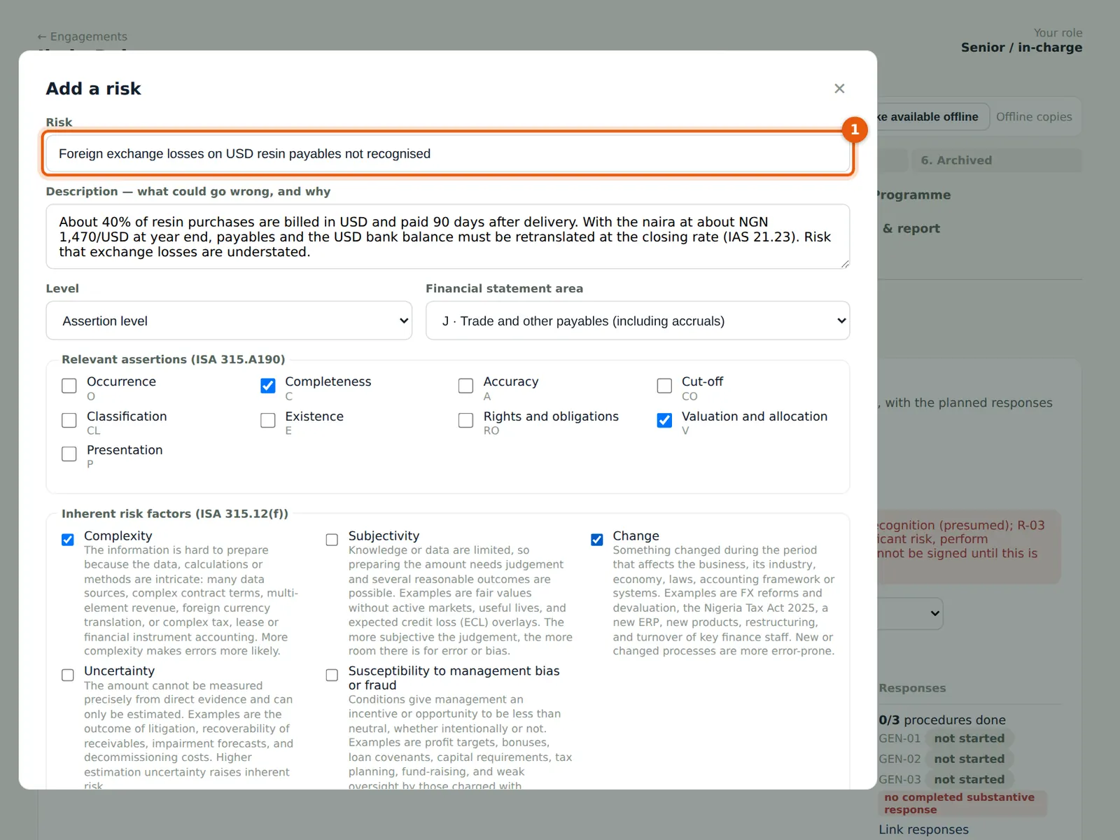 AuditTrove screenshot: Risk register → Add a risk: description (1), likelihood (2) and magnitude (3). Numbered orange markers point to the items described in the steps.