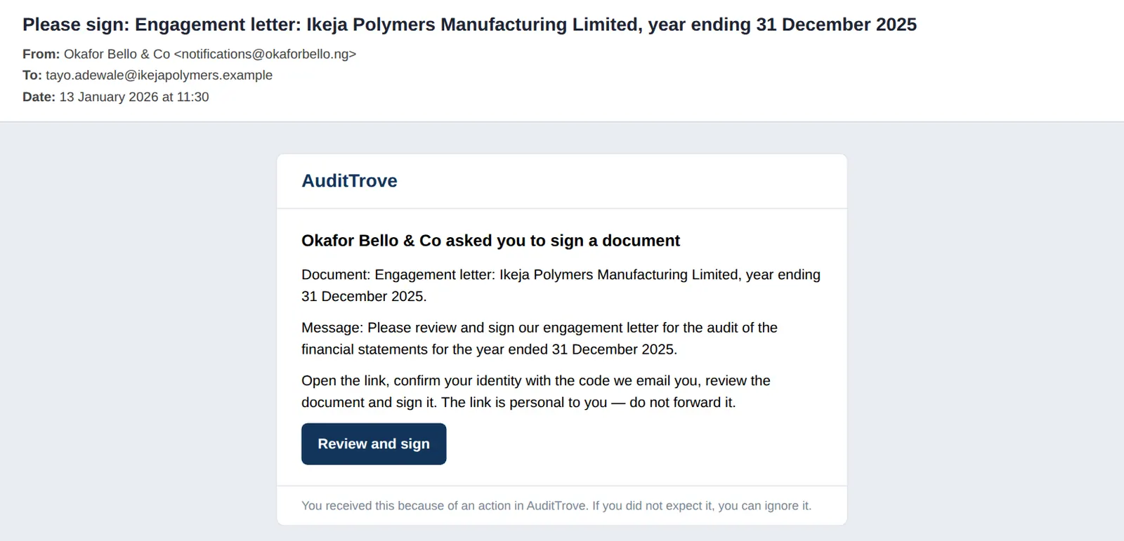 AuditTrove screenshot: The director's personal signing link. Numbered orange markers point to the items described in the steps.
