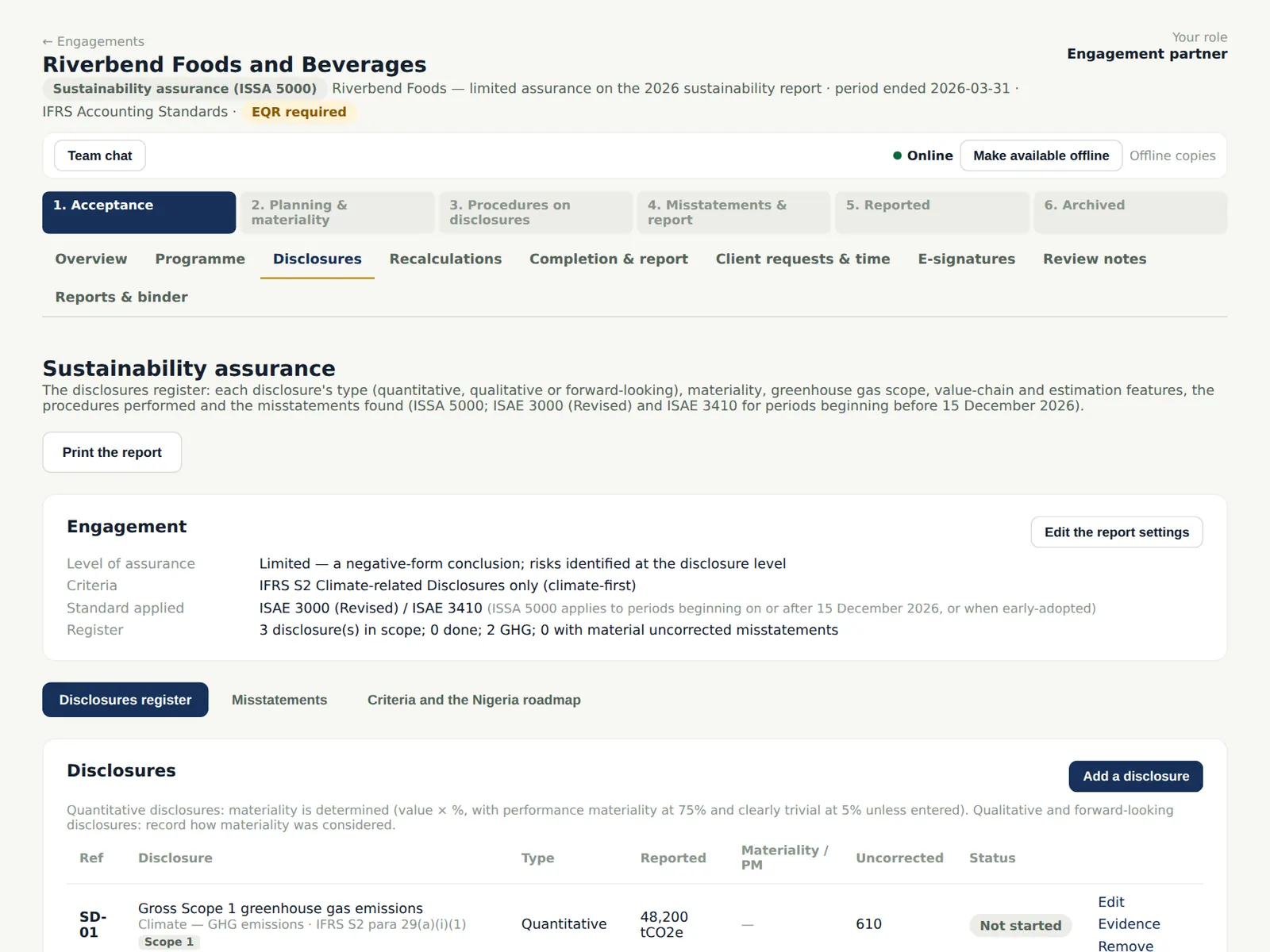 AuditTrove screenshot: Riverbend Foods: the disclosures register. Numbered orange markers point to the items described in the steps.