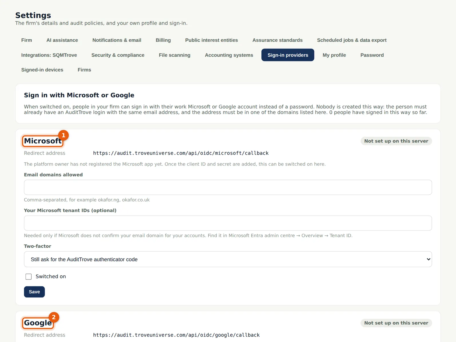 AuditTrove screenshot: Settings → Sign-in providers: Microsoft (1) and Google (2) — not set up on this server. Numbered orange markers point to the items described in the steps.
