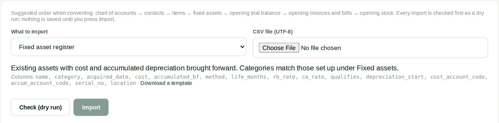 Screenshot: Import & export → Import data → Fixed asset register