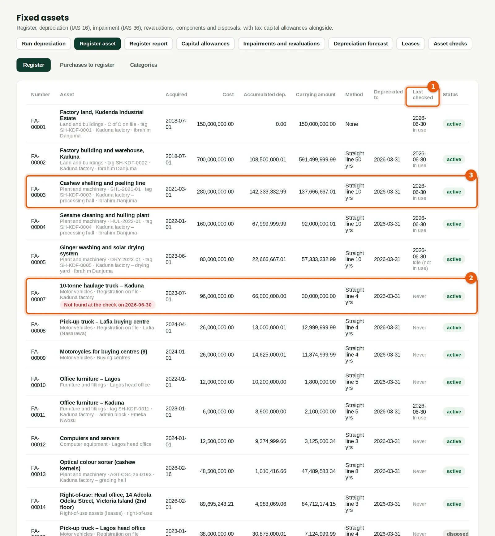 Screenshot: Fixed assets → Register