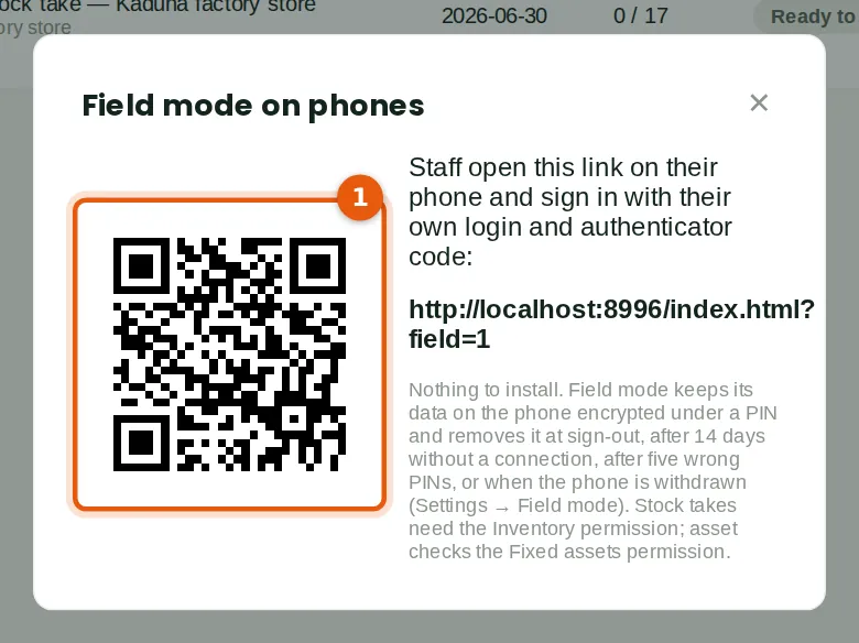 Screenshot: Stock takes & asset checks → Phone sign-in link