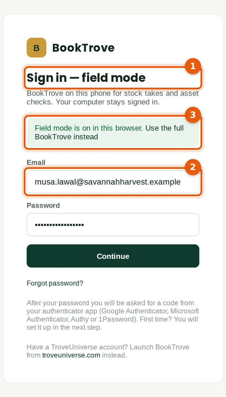 Screenshot: The phone: field-mode sign-in, 29 June