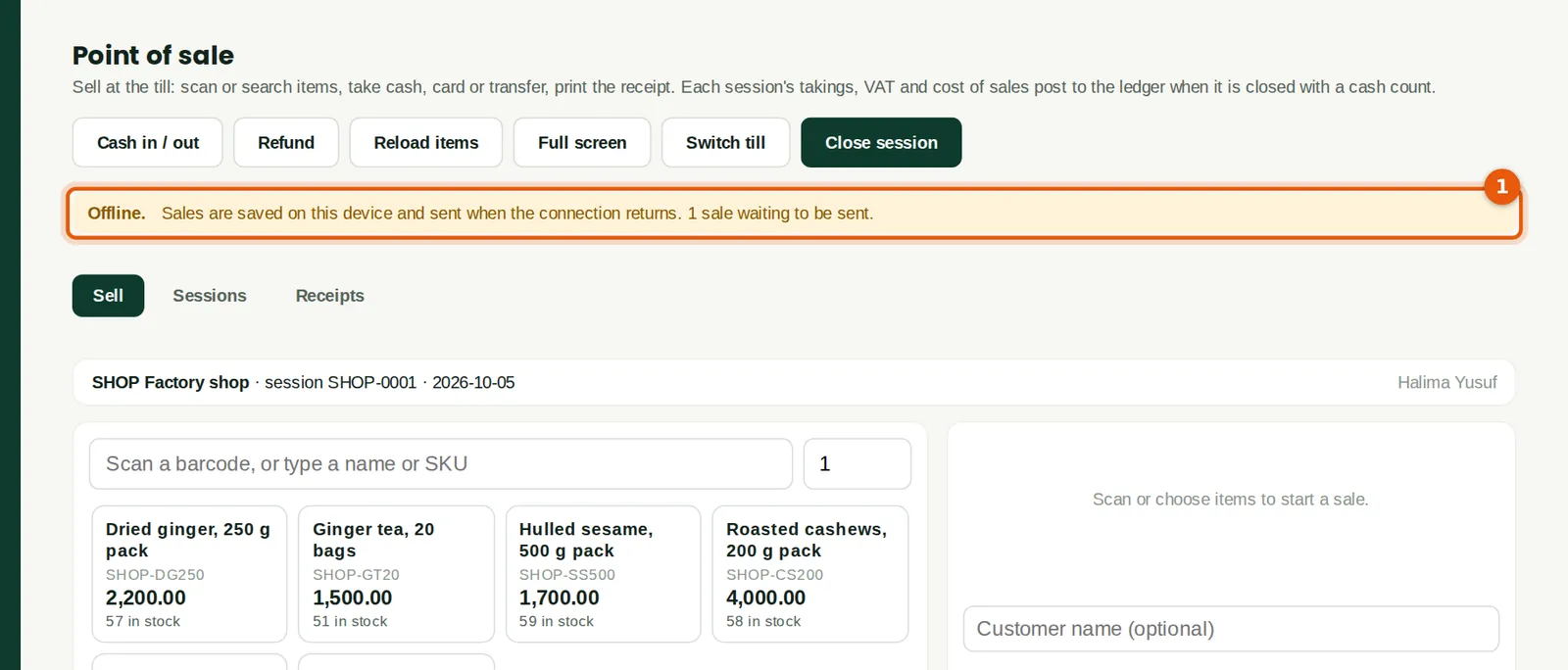 Screenshot: The register while offline