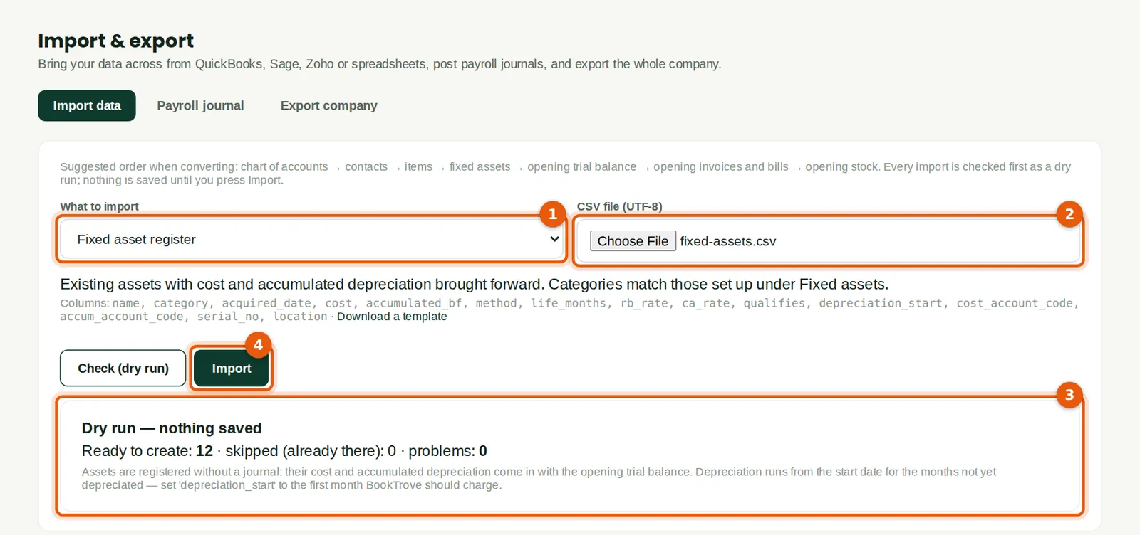 Screenshot: Import & export → Fixed asset register