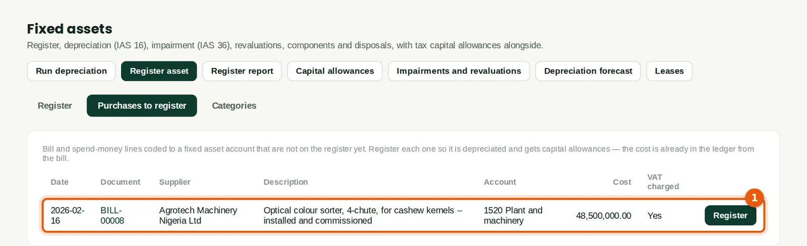 Screenshot: Fixed assets → Purchases to register
