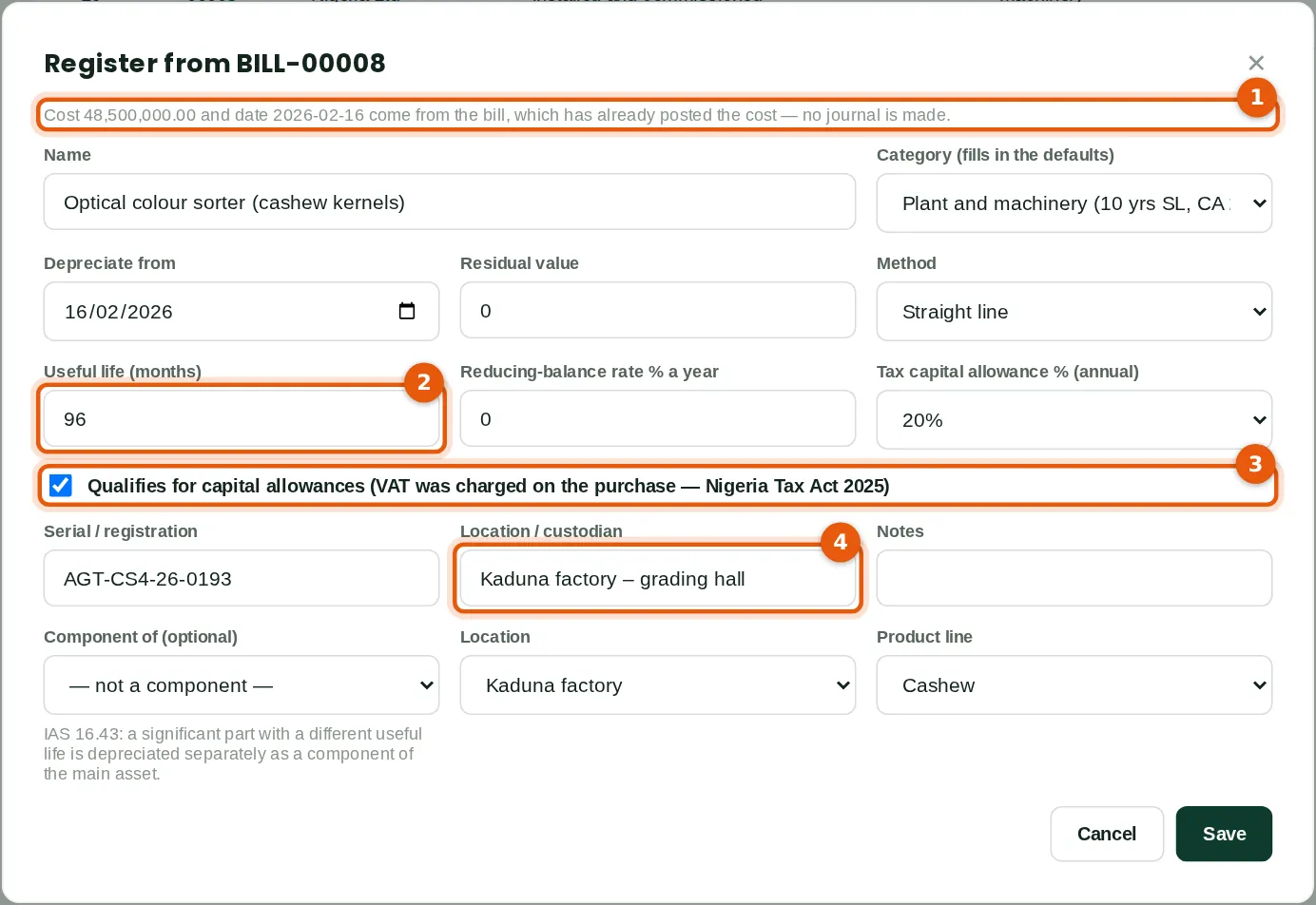 Screenshot: Register from BILL-00008