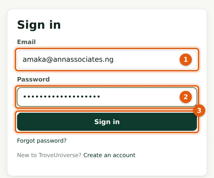 TroveUniverse screenshot: Sign in at troveuniverse.com/login.html. Numbered orange markers point to the items described in the steps.