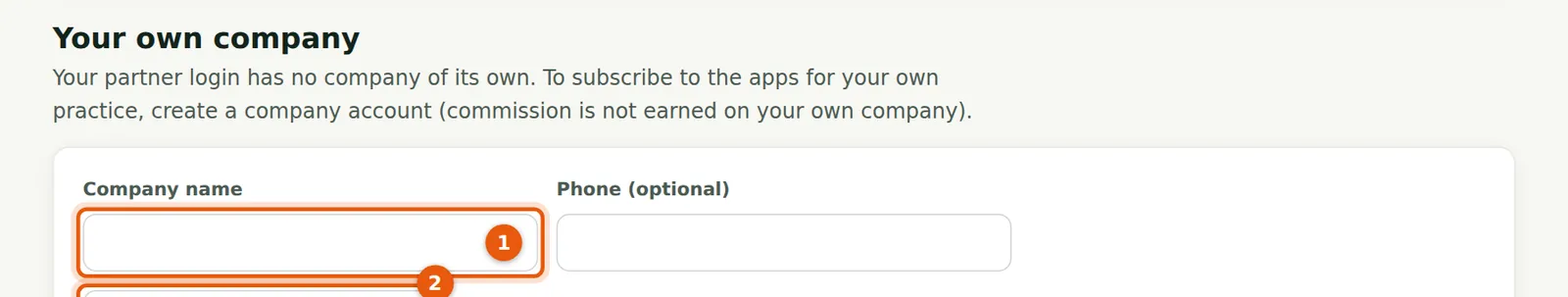 TroveUniverse screenshot: Your own company: create a company account from a partner login. Numbered orange markers point to the items described in the steps.