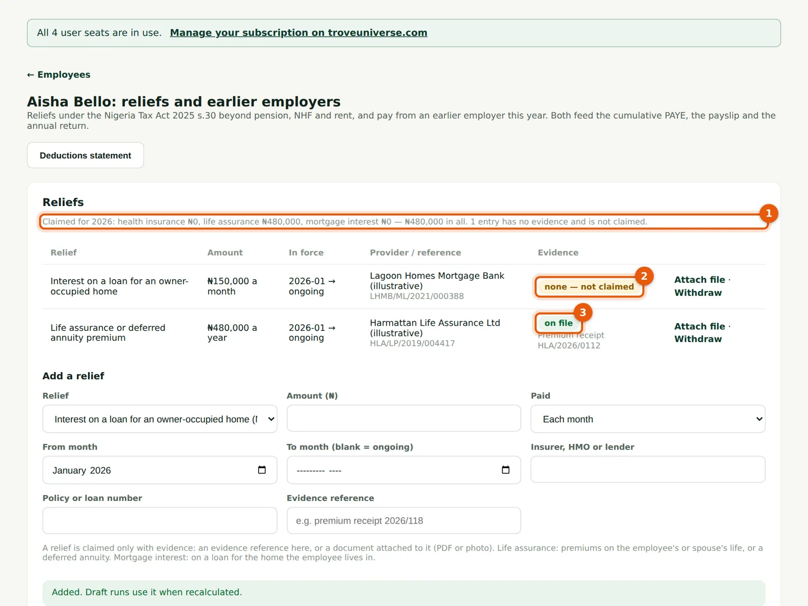 PayTrove screenshot: The register after both reliefs were added. Numbered orange markers point to the items described in the steps.