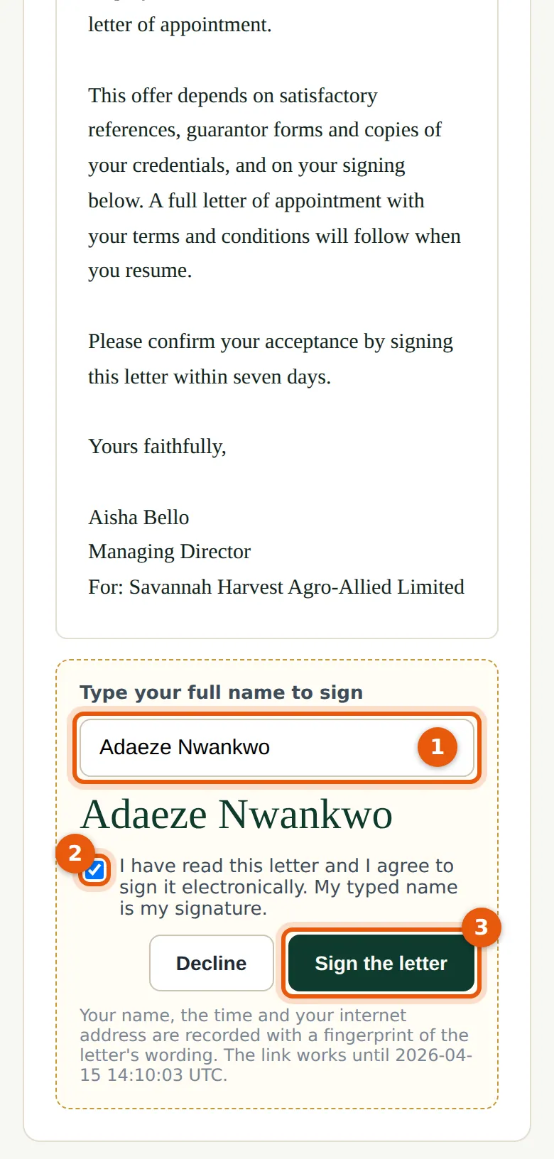 PayTrove screenshot: Signing the offer. Numbered orange markers point to the items described in the steps.