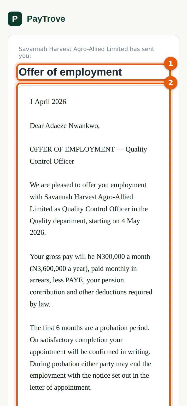 PayTrove screenshot: The signing page, 2 April 2026, 19:40. Numbered orange markers point to the items described in the steps.