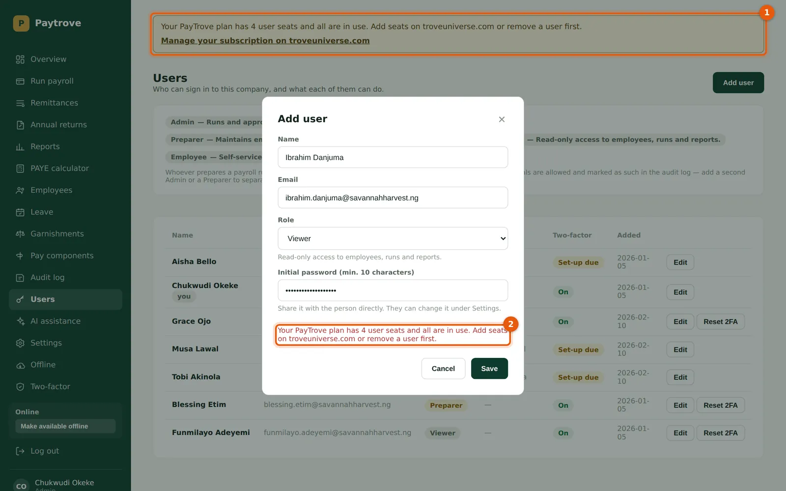 PayTrove screenshot: Adding a fifth staff login on a four-seat plan. Numbered orange markers point to the items described in the steps.