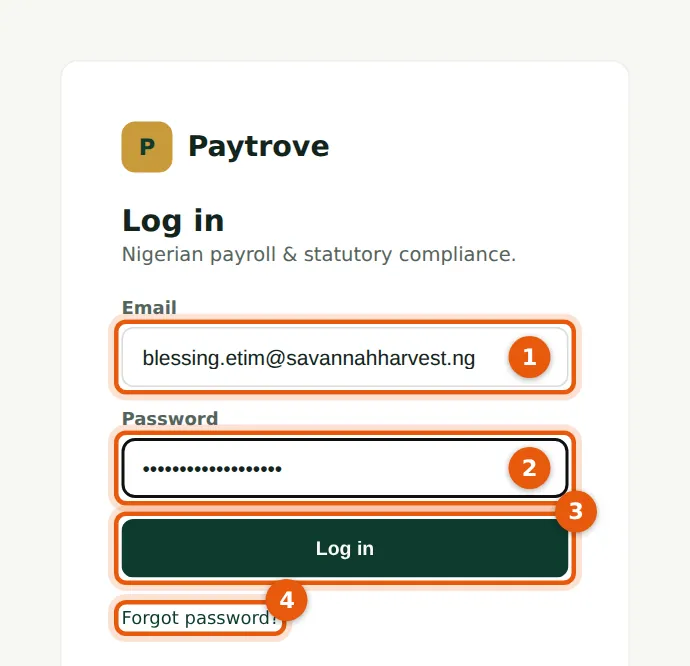 PayTrove screenshot: The sign-in page. Numbered orange markers point to the items described in the steps.