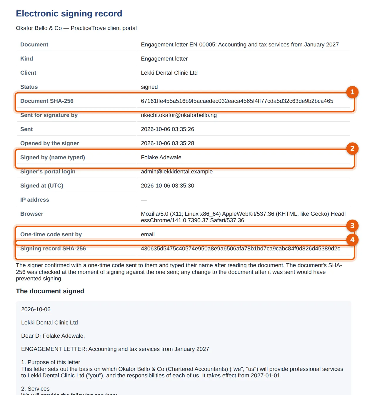PracticeTrove screenshot: The electronic signing record. Numbered orange markers point to the items described in the steps.