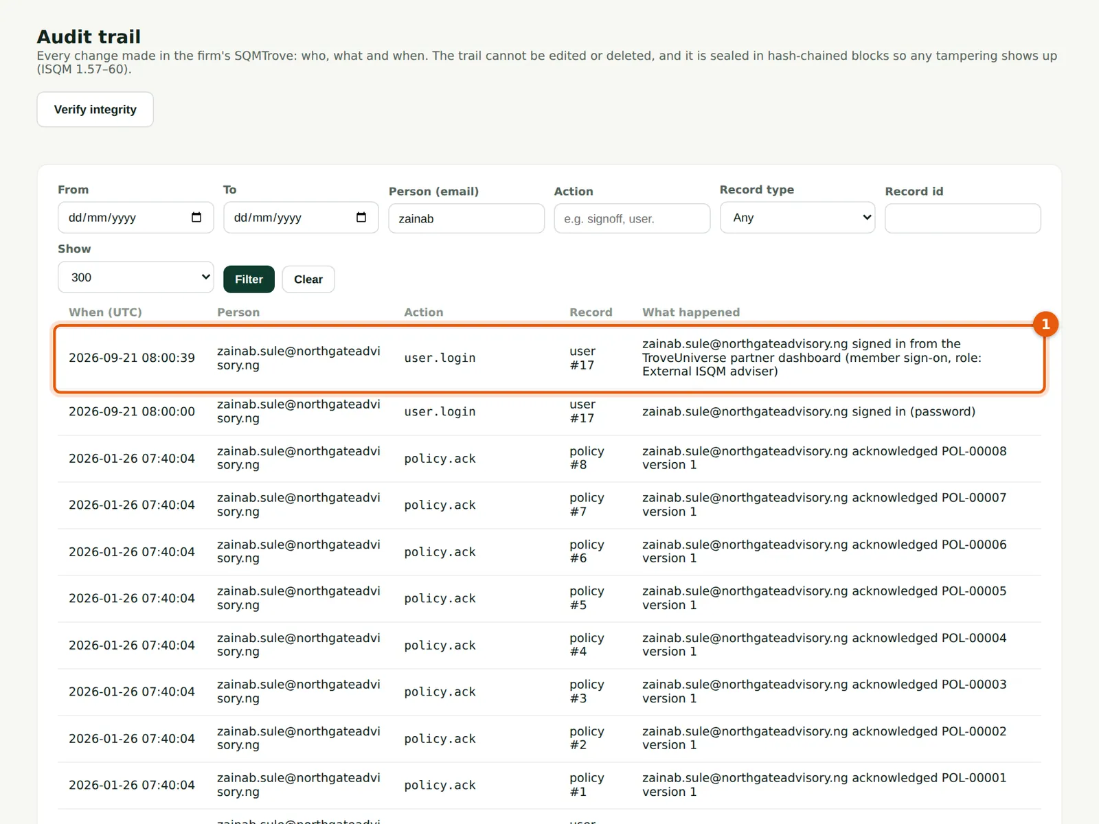 SQMTrove screenshot: Audit trail: a sign-in from the partner dashboard. Numbered orange markers point to the items described in the steps.