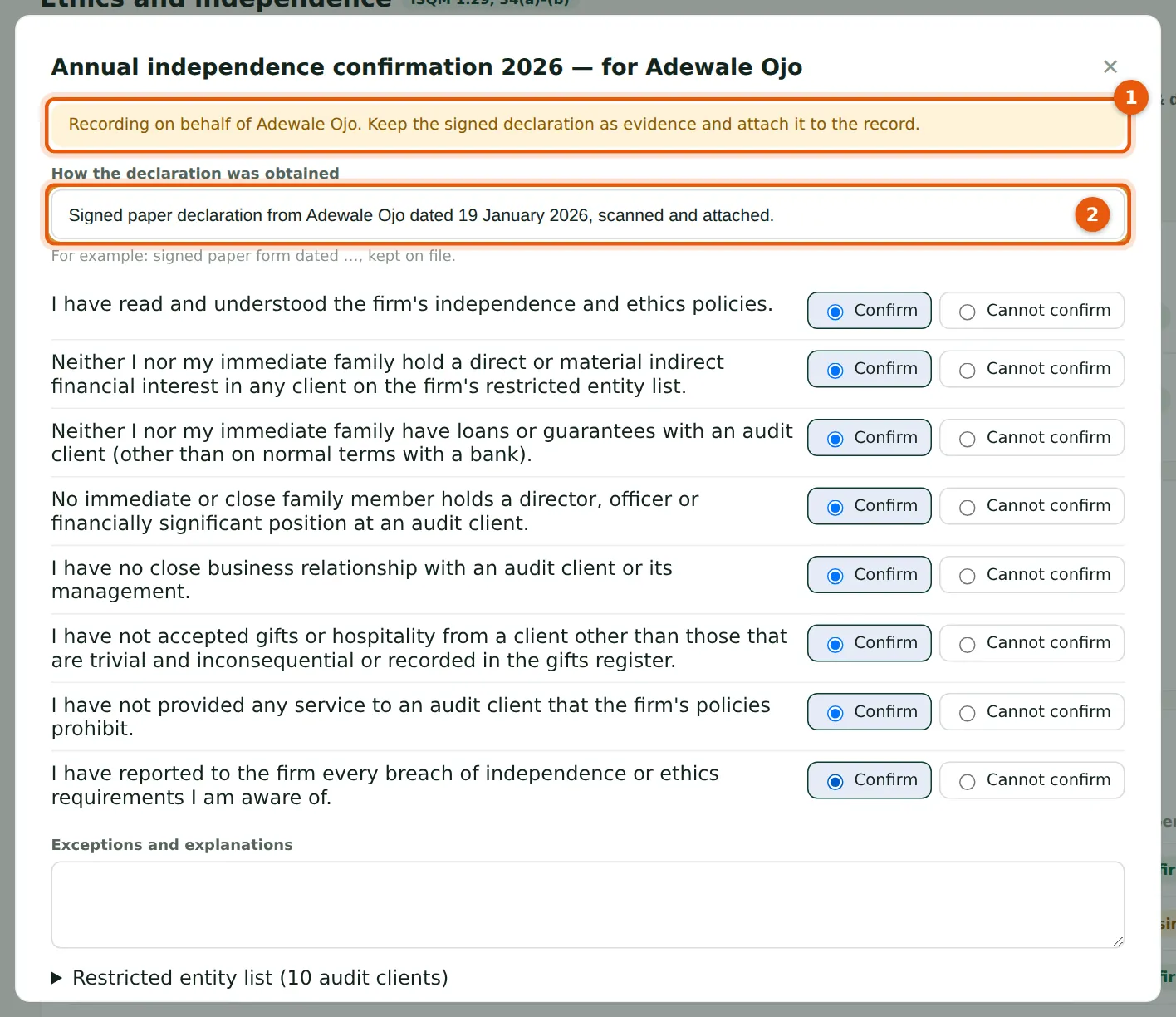 SQMTrove screenshot: Independence confirmation recorded for Adewale Ojo (no login). Numbered orange markers point to the items described in the steps.