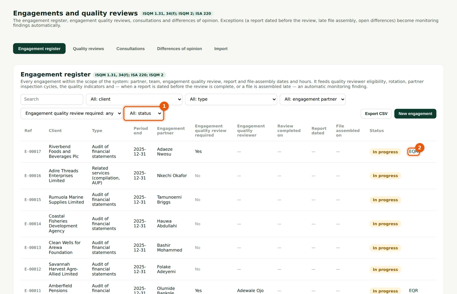 SQMTrove screenshot: Engagements & EQR → Engagement register. Numbered orange markers point to the items described in the steps.