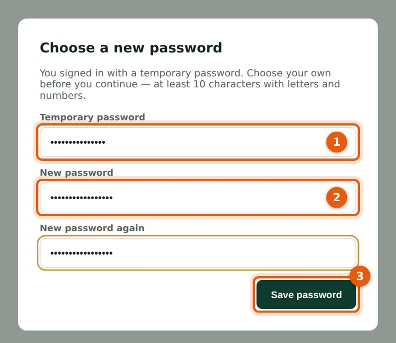 SQMTrove screenshot: After a first sign-in with a temporary password. Numbered orange markers point to the items described in the steps.