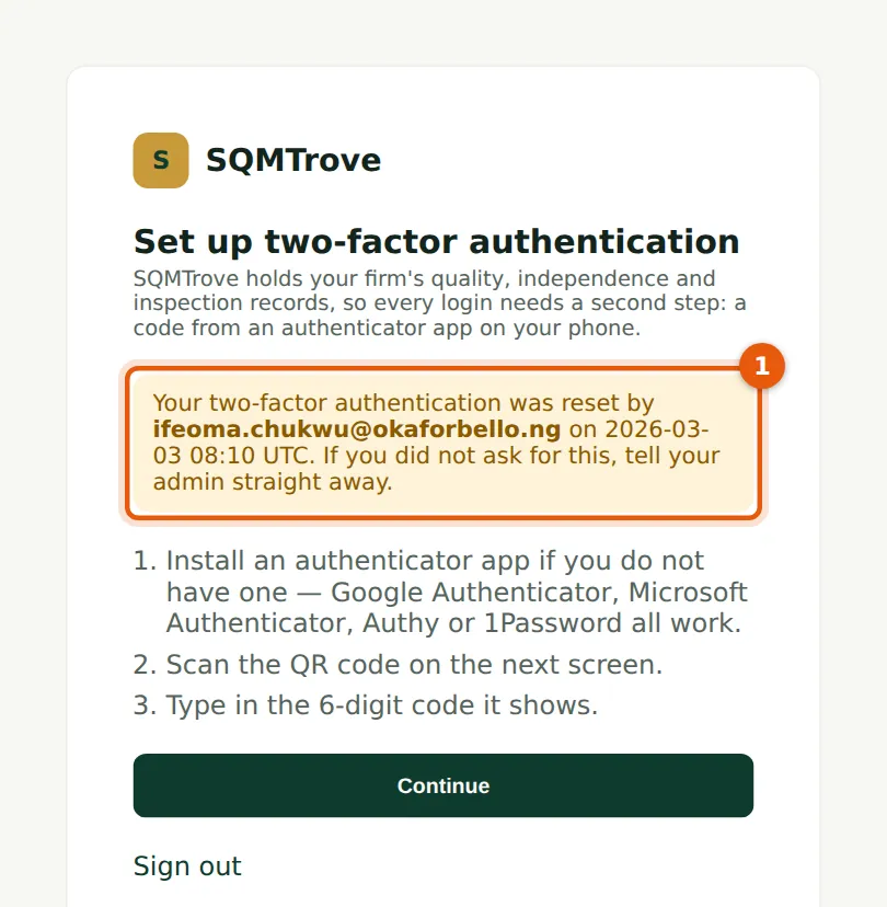 SQMTrove screenshot: Ibrahim Musa's next sign-in. Numbered orange markers point to the items described in the steps.