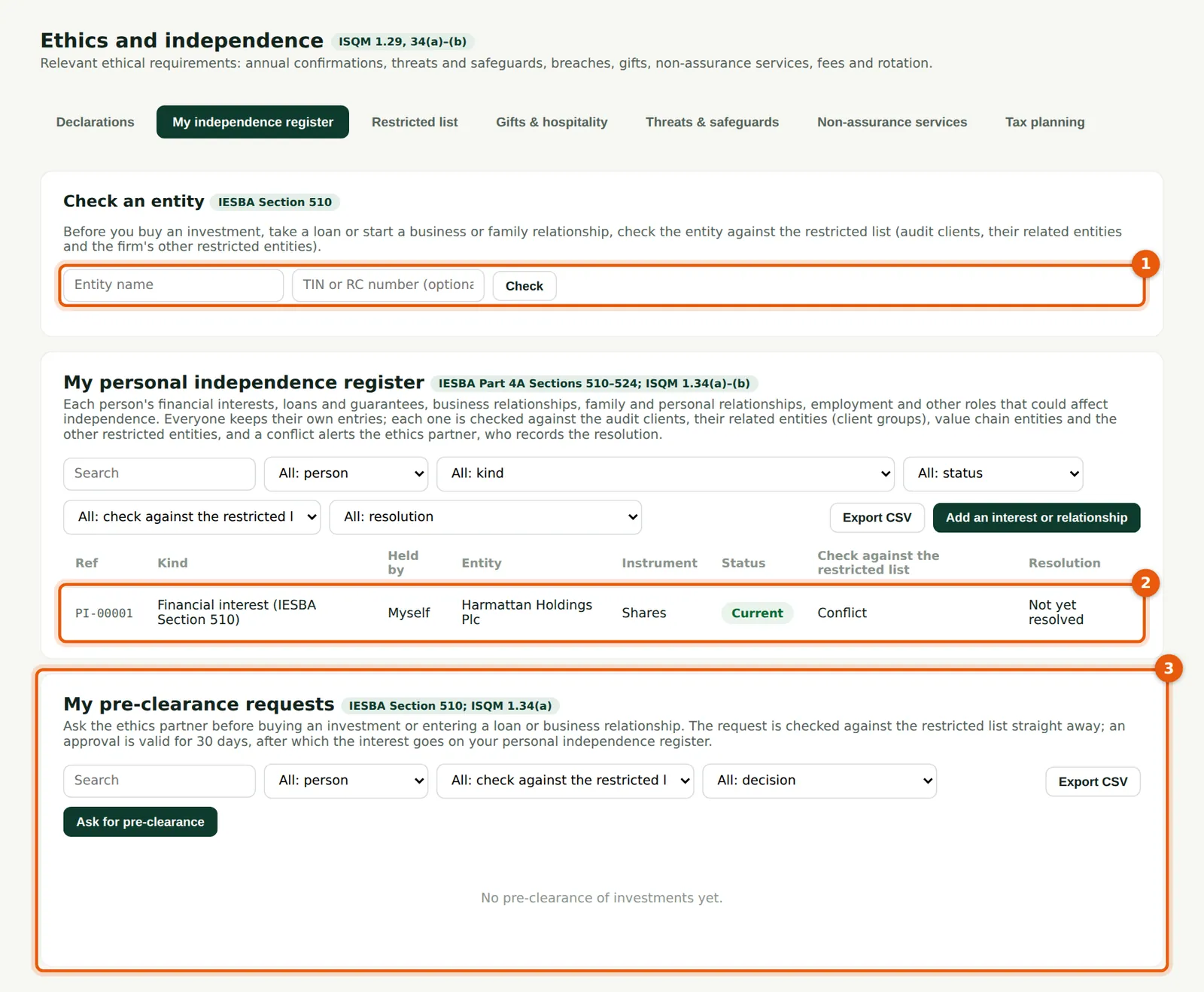 SQMTrove screenshot: My independence register after saving: a conflict. Numbered orange markers point to the items described in the steps.