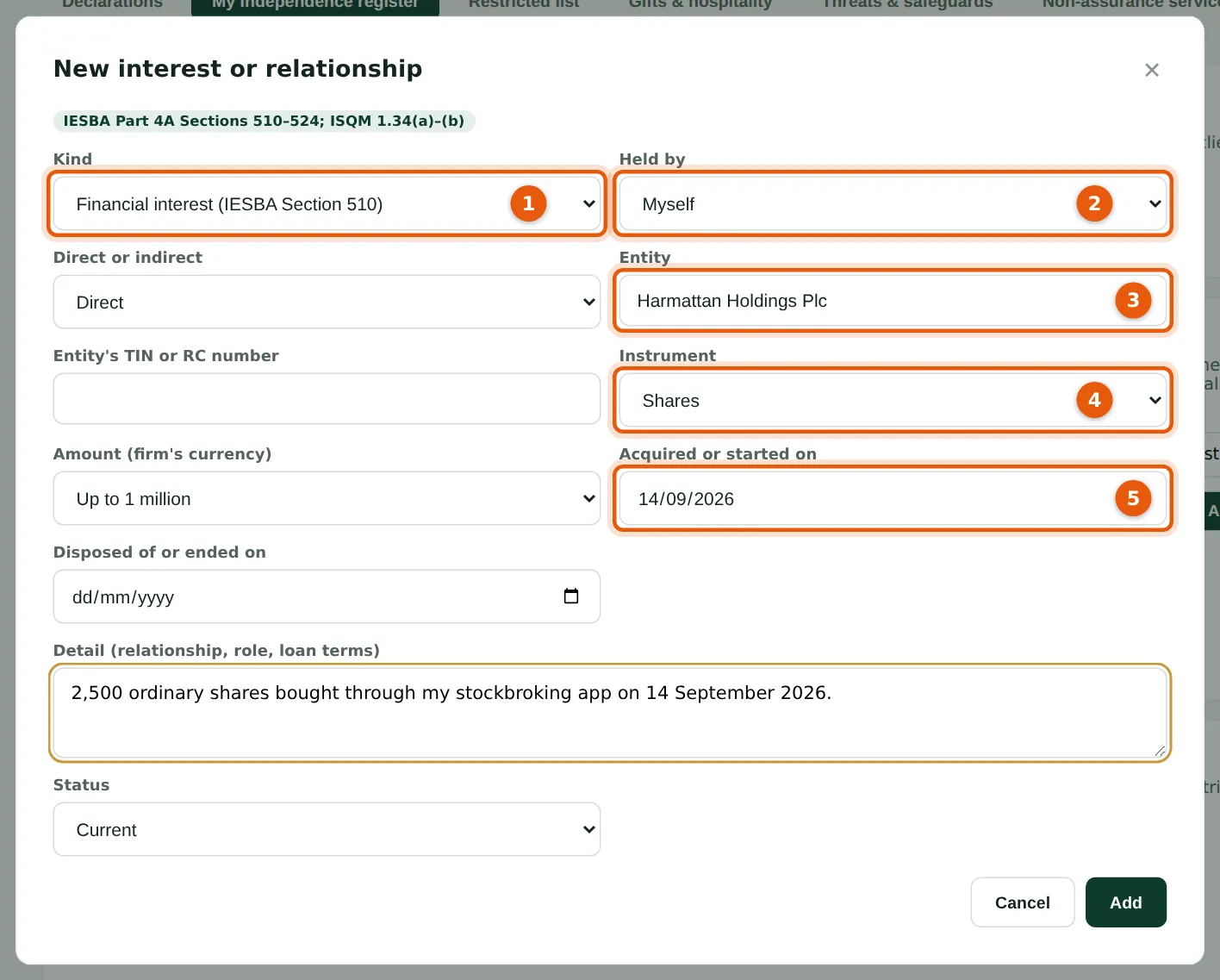 SQMTrove screenshot: Ethics → My independence register → Add an interest or relationship (Ngozi Okonkwo). Numbered orange markers point to the items described in the steps.