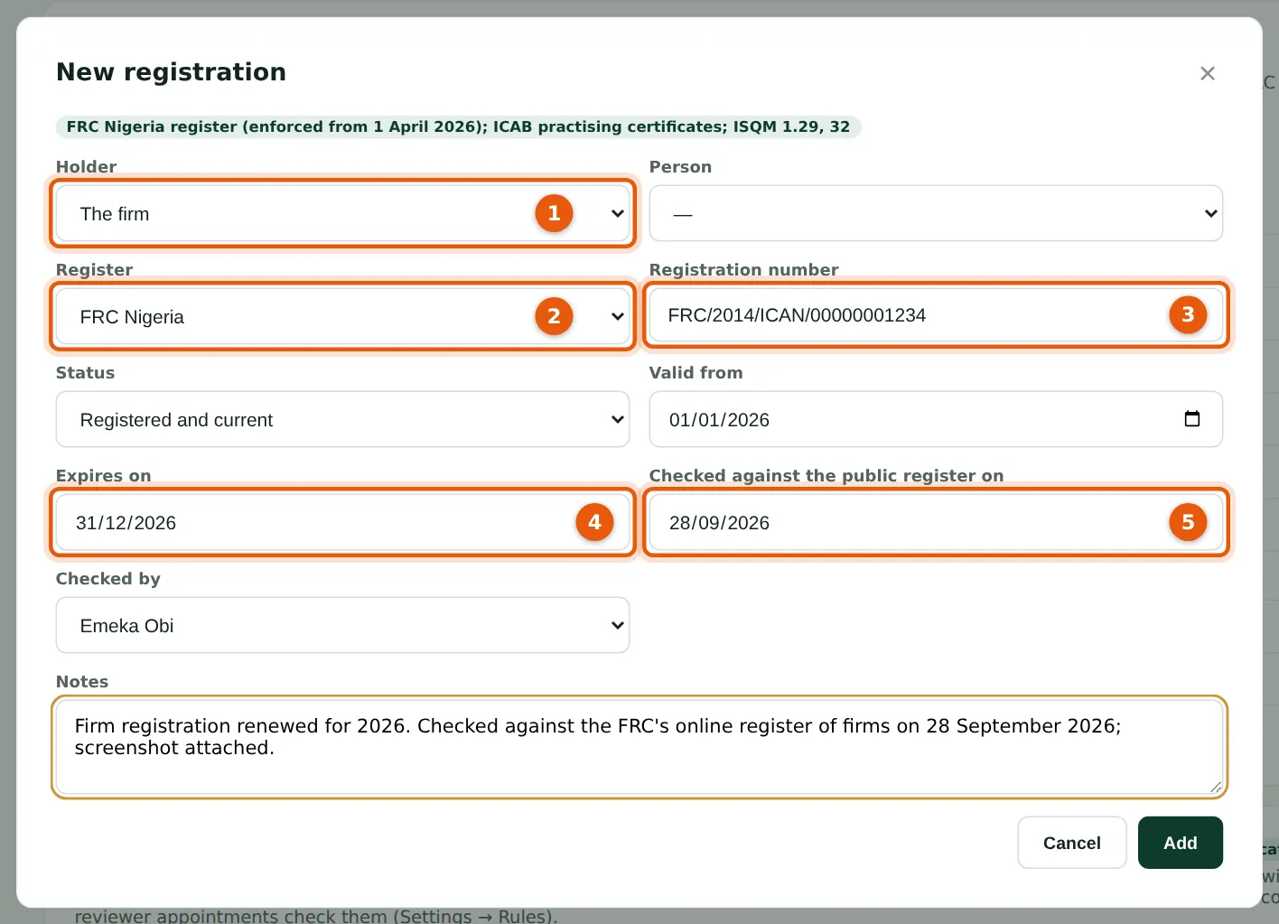 SQMTrove screenshot: Resources → Registrations → New registration: the firm on the FRC register. Numbered orange markers point to the items described in the steps.