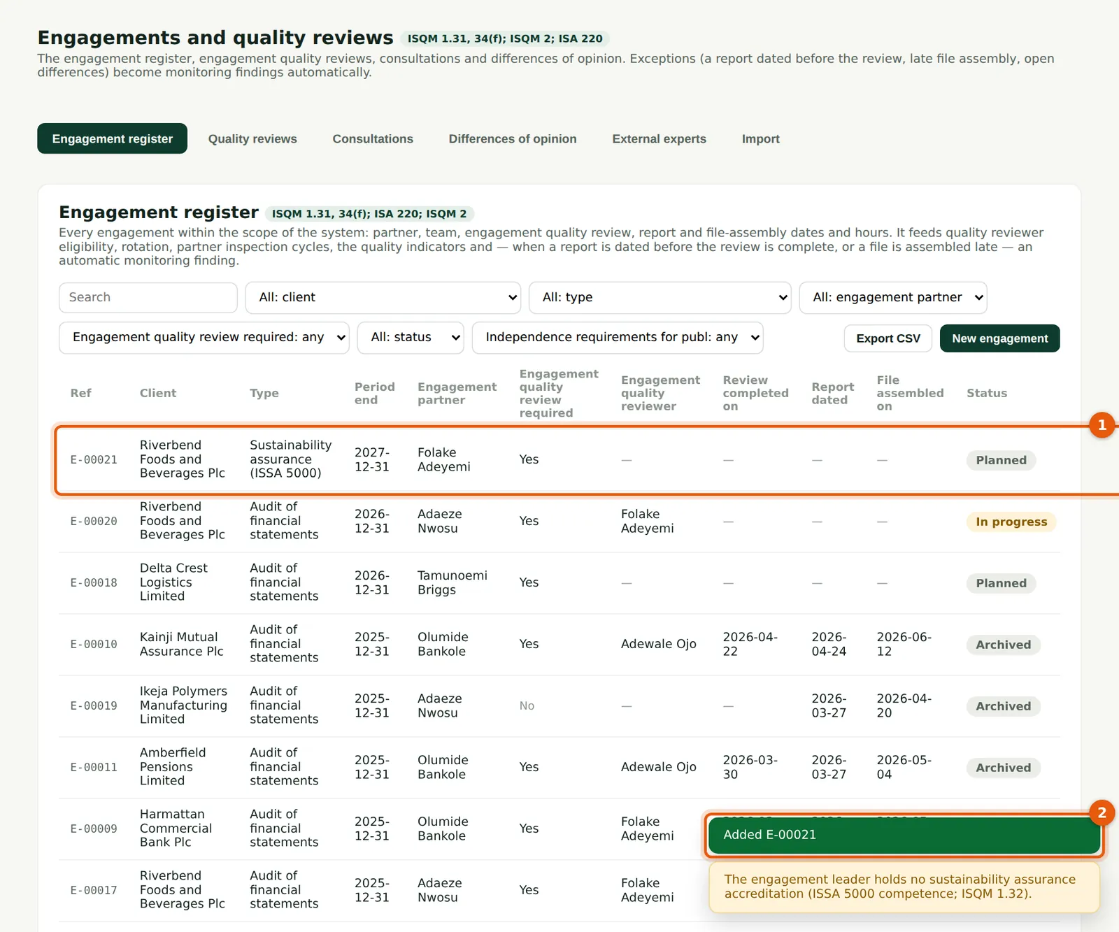 SQMTrove screenshot: The engagement register after saving. Numbered orange markers point to the items described in the steps.