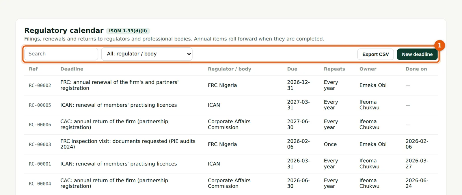 SQMTrove screenshot: The regulatory calendar opened as a register page. Numbered orange markers point to the items described in the steps.