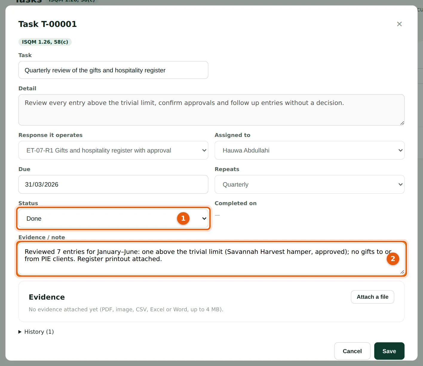SQMTrove screenshot: Quarterly review of the gifts and hospitality register. Numbered orange markers point to the items described in the steps.